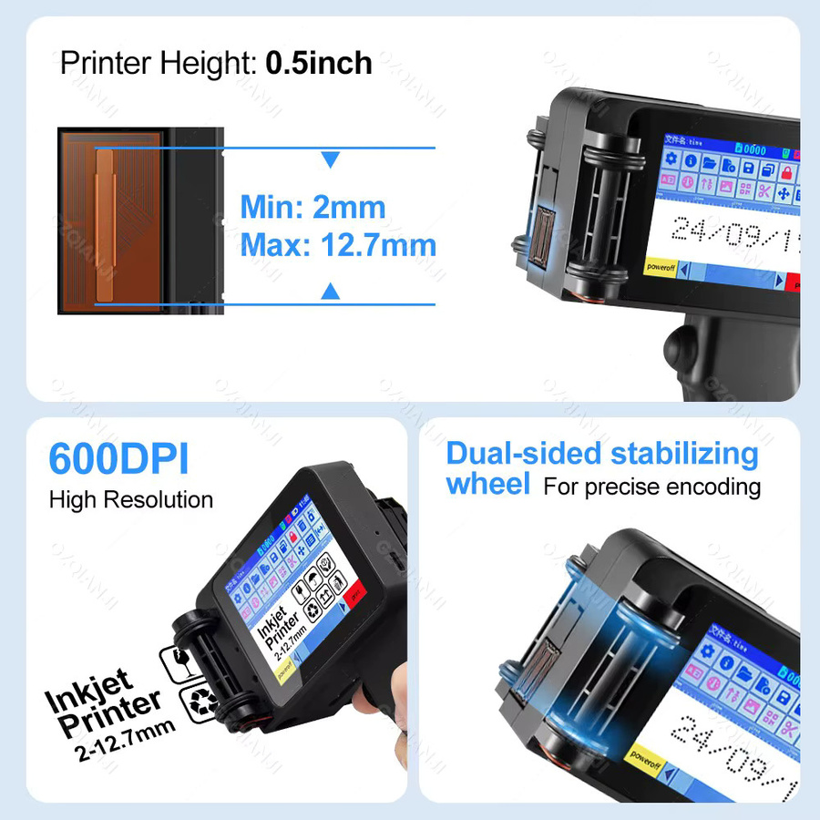 Tragbare Handheld-Tintenstrahldruckerpistole mit 4,3-Zoll-Touchscreen und HD-LED für QR-Codes und Barcodes, Schwarz, 12,7 mm Druckbreite - Bild 5
