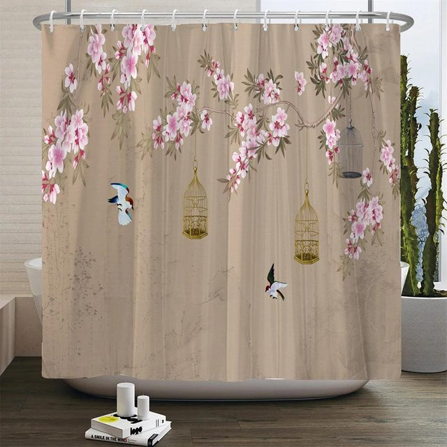 Wasserdichter Duschvorhang im chinesischen Stil mit Blumen, Vögeln und Bäumen in Mehrfarbig, B/H: 150 x 180 cm - Bild 1