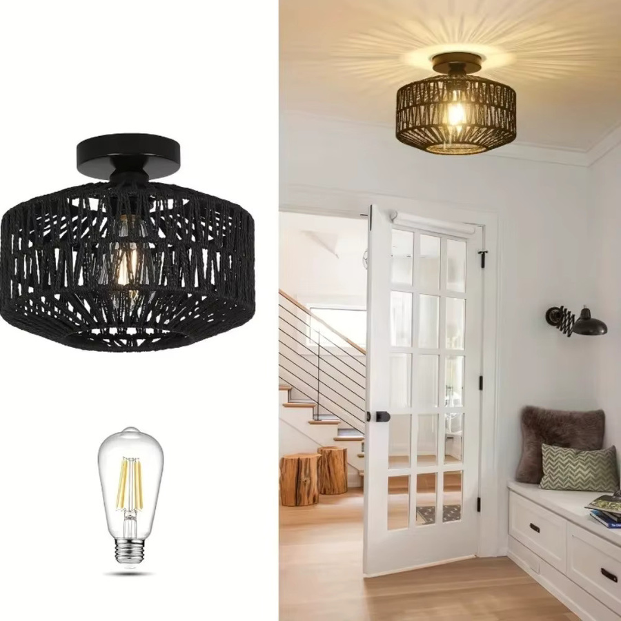 JOYINLED Handgefertigte böhmische Deckenleuchte aus Rattan in Schwarz und Holz-Optik - Bild 4