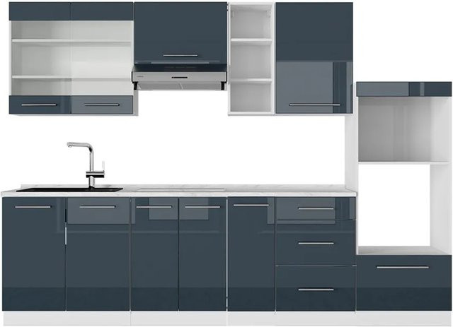 Vicco Küchenzeile Fame-Line in Weiß und Dunkelblau Hochglanz, Breite: 280 cm, ohne Arbeitsplatte - Bild 2