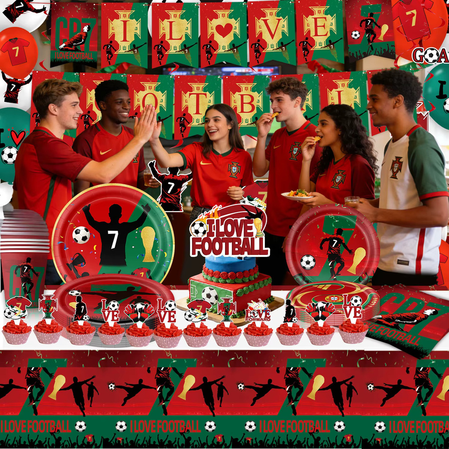 yibenlun Fußball Partydeko Set für deinen Geburtstag mit Tischdecke, Tellern, Bechern und Servietten in Portugal Design - Bild 4