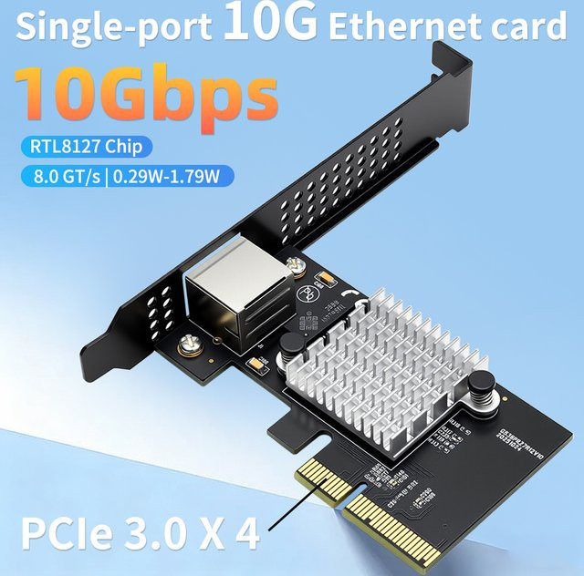 Lekuo PCIe 3.0 x4 zu 1-Port 10G RJ45 Netzwerkkarte mit Realtek RTL8127 Chip in Schwarz - Bild 1
