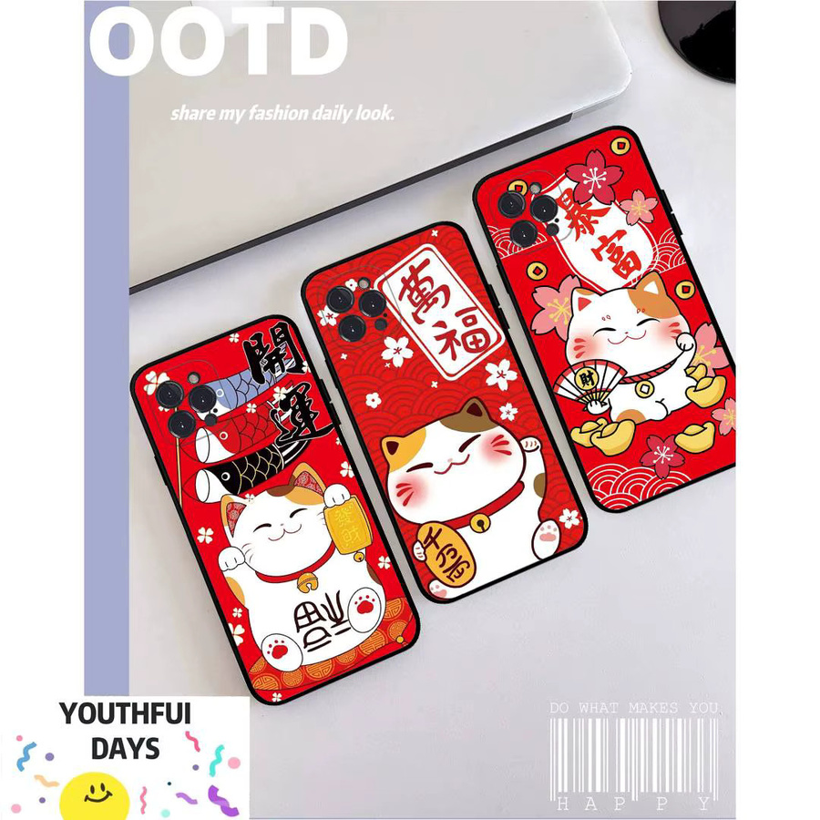 Maneki Neko Glückskatze Handyhülle von Potdemiel für iPhone 16 15 14 13 12 11 Pro Max Plus Mini in Schwarz und Rot - Bild 2
