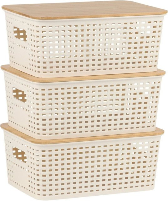 Relaxdays Aufbewahrungsbox aus Kunststoff und Bambus in Weiß, 3er-Pack, perforiert, B/T/H: 25,5 x 10,5 x 18 cm - Bild 1