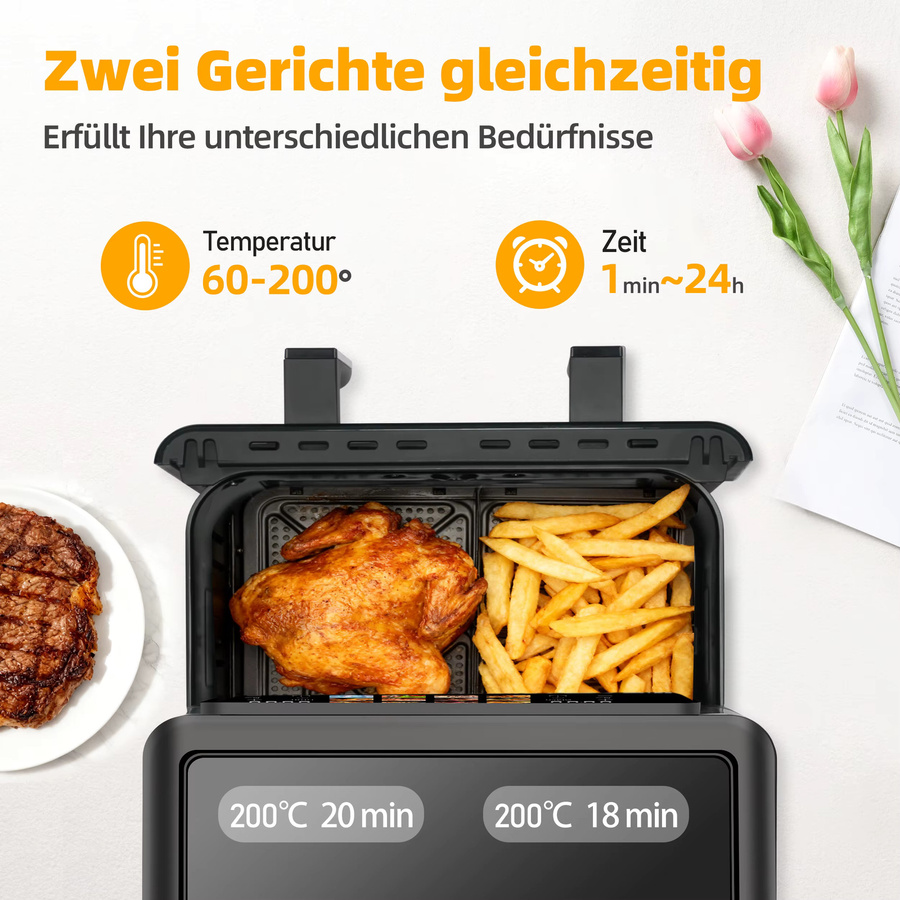 Sinaopus Dual-Korb Heißluftfritteuse mit 8,5L Volumen, 2000W, LED-Touchscreen, Sichtfenster und 12 Programmen, Schwarz - Bild 2