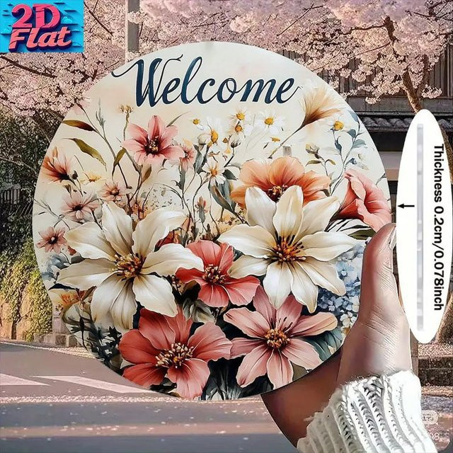 Potdemiel Florale Willkommens-Wanddekoration aus Metall, runde Wandplatte mit Blumenmotiv, Durchmesser: 20 cm, Mehrfarbig - Bild 1