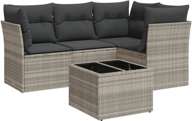 vidaXL 5-tlg Garten-Sofagarnitur in L-Form aus Polyrattan mit Kissen und Stauraum, Hellgrau - Bild 1