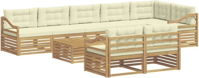 vidaXL Outdoor-Sofagarnitur in U-Form aus Akazienholz mit 9 Kissen in Weiß und Beige - Bild 1