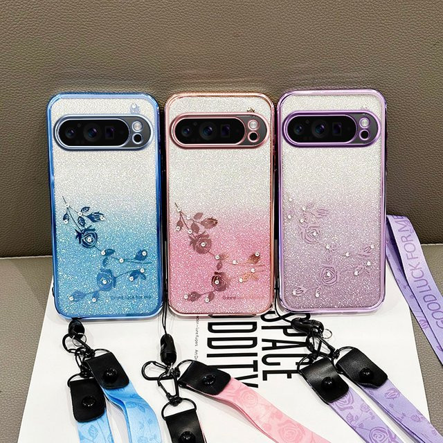 Gusakov Glitzer-Farbverlauf Telefonhülle mit ewiger Blume und galvanisierten Strass für Google Pixel 9 Pro, Pixel 10 Pro XL, 9A, 8 Pro und 8A in Multicolour und Blau - Bild 1