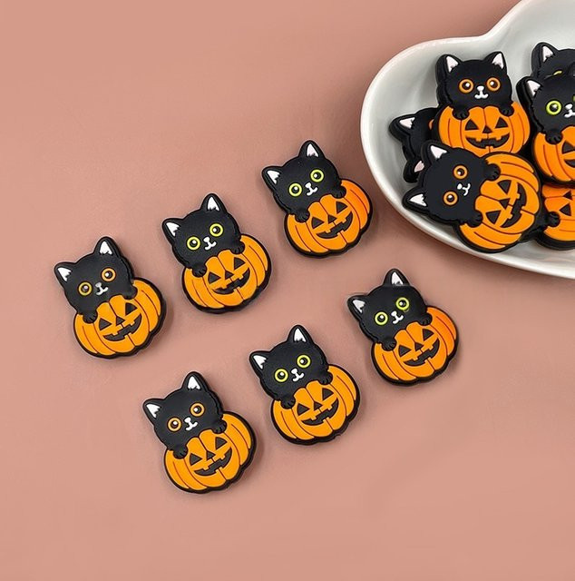 3er Set Halloween Silikon Perlen in Kürbis und schwarzer Katze Form für DIY Schnuller Ketten und Beißringe, BPA-frei, Mehrfarbig - Bild 1