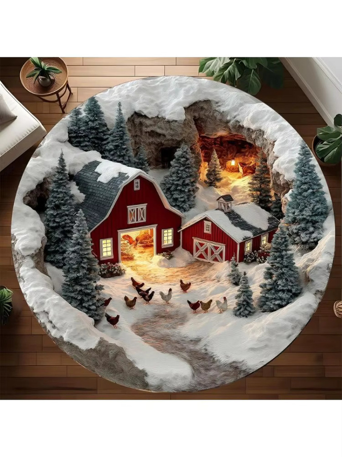 Runder Teppich 3D Snowy Farm Design mit roter Scheune und Kiefern in Rot und Multicolour für dein Wohnzimmer - Bild 2