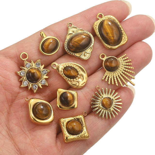 baizzx Charms Tigerauge, Edelstahl, Gold, Unisex - Bild 1