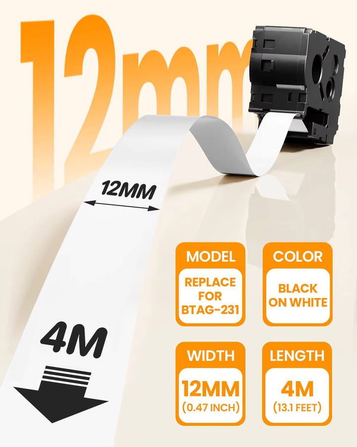 Btag Etikettenband Schwarz auf Weiß 12mm x 4m kompatibel mit Brother P-Touch PT-N10 und PT-N20 - Bild 4
