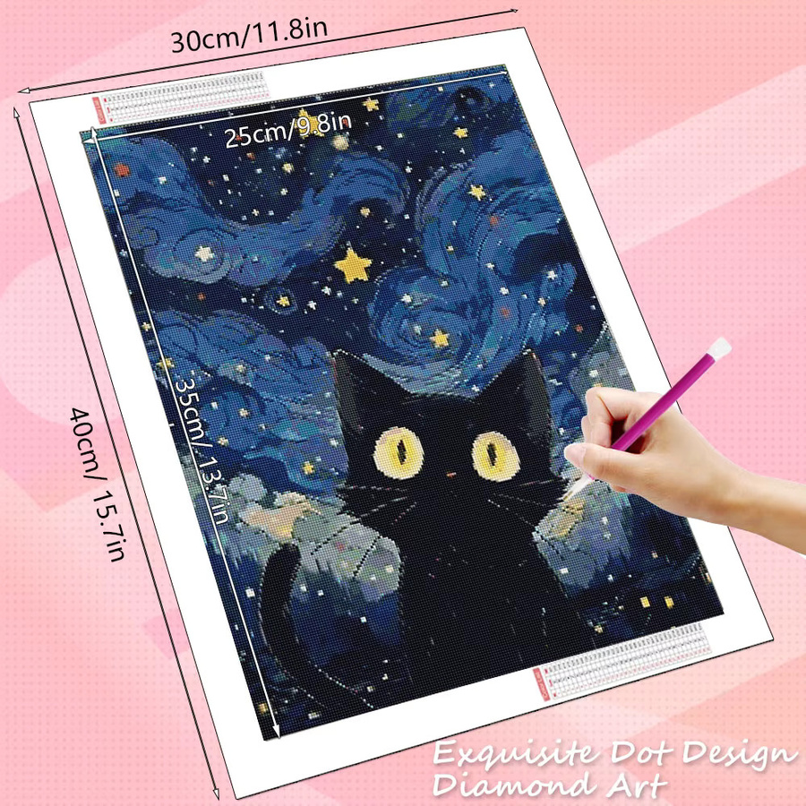 HUACAN Diamant-Gemälde Schwarze Katze im Sternenhimmel als Tier-Mosaik Set, rund, Durchmesser: 30 cm - Bild 2