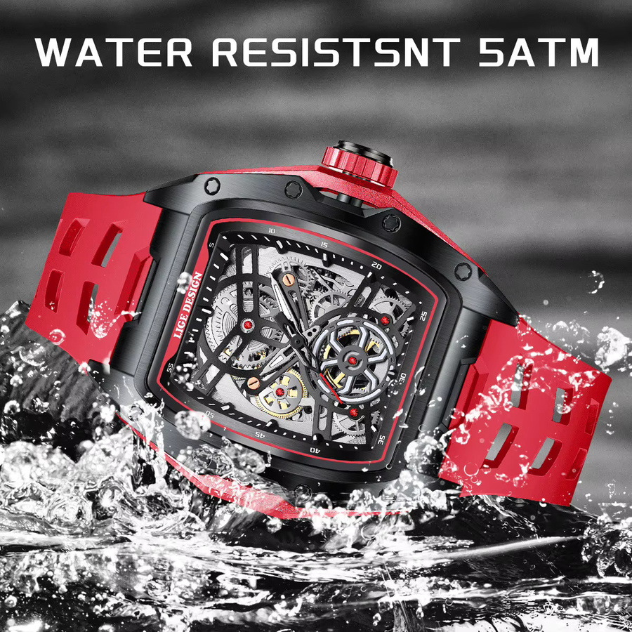 LIGE Armbanduhr Automatik, Skeleton Zifferblatt, Schwarz, Silikon, Herren - Bild 2