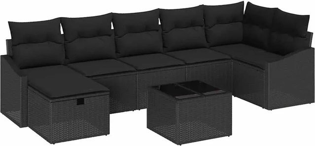 vidaXL Garten-Sofa-Set 8-teilig aus Poly-Rattan und Stahl in Schwarz mit Kissen und Tisch - Bild 1