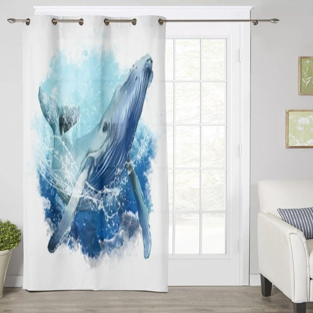 Wal auf Wellen Semi-transparenter Stoffvorhang mit Grafik-Design in Weiß, B/H: 135 x 60 cm - Bild 1