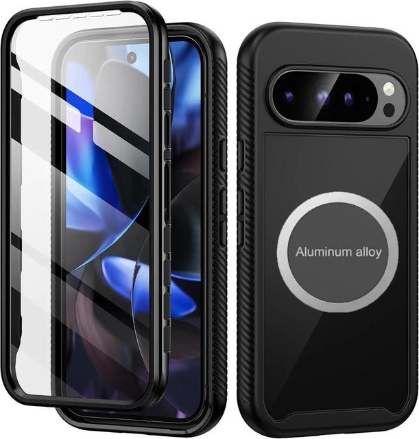 3in1 Armor Schutzhülle für Google Pixel 9 Pro mit Displayschutzfolie und magnetischer 360° Auto-Halterung in Schwarz und Transparent - Bild 1