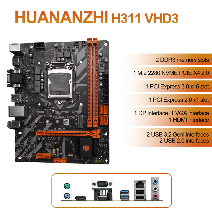 HUANANZHI H311 VHD3 Motherboard DDR3 mit M.2 2280 NVMe und PCIEX4, unterstützt Intel LGA1151 6./7./8./9. Generation, Schwarz - Bild 2