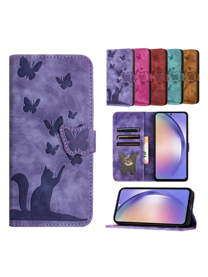 Schmetterling Katze Leder Handyhülle mit Brieftaschenfunktion und Standfunktion für Xiaomi und POCO Modelle in Rot und Lila - Bild 7