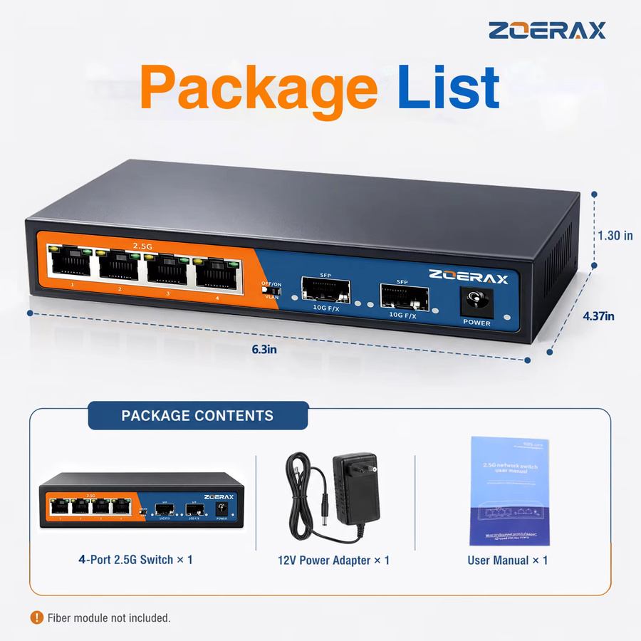 ZoeRax 6-Port Multi-Gigabit Ethernet Netzwerk-Switch mit 4-Port 2.5Gb RJ45 und 2-Port 10G SFP+, Unmanaged mit 4KV Blitzschutz und One-Key-VLAN, Schwarz - Bild 7