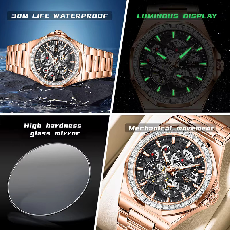 LIGE Armbanduhr Automatik, Edelstahl, Roségold, Blau, Herren - Bild 3