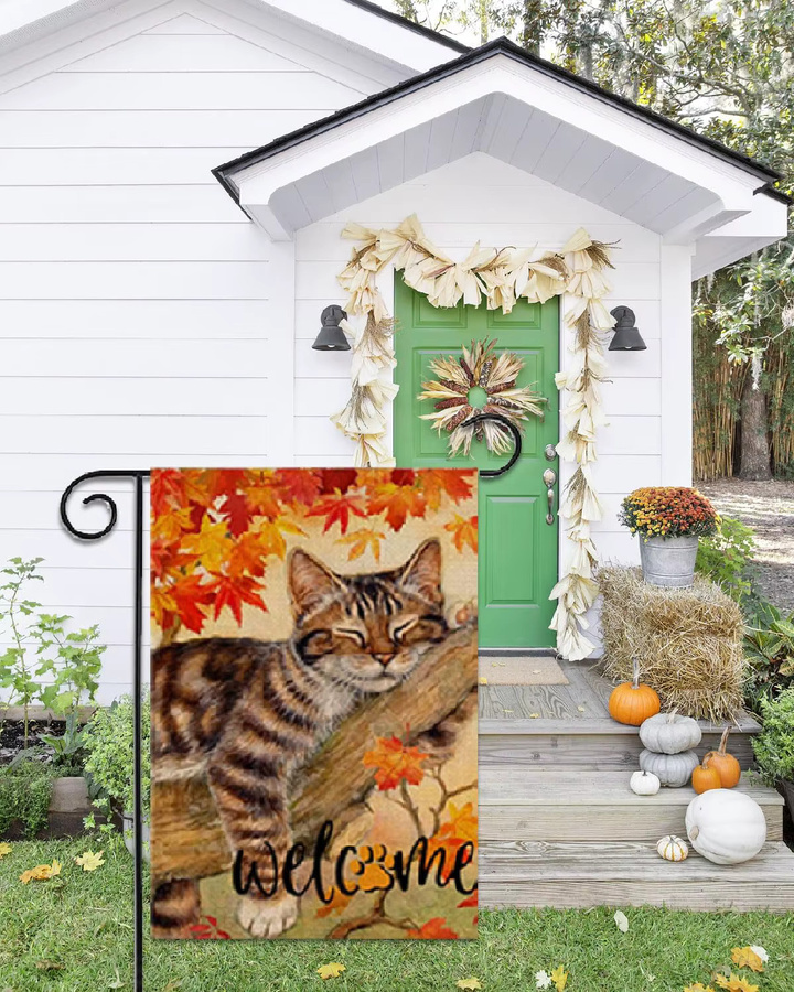VIKAMA Herbstkatzen-Gartenflagge aus Leinen mit herbstlichen Blättern, doppelseitig bedruckt, Mehrfarbig, B/H: 30 x 45 cm - Bild 5
