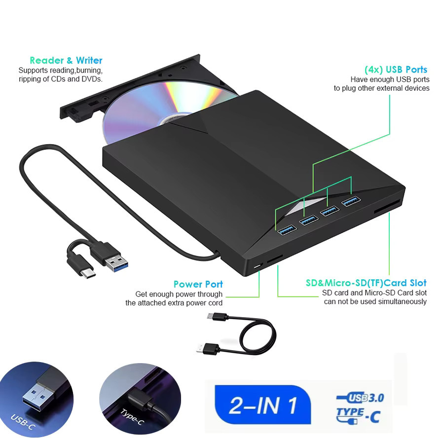 Ammtoo 7-in-1 USB 3.0 Externes CD-DVD-RW Laufwerk, Tragbarer DVD-Brenner in Schwarz, Kompatibel mit Windows 7/8/10 für Laptop und Desktop - Bild 6