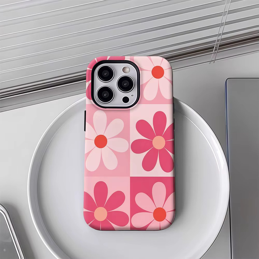 Pink Daisy Grid Handyhülle für Apple iPhone 12 bis iPhone 17 Pro Max Plus mit doppelschichtiger Rückseite in Pink - Bild 3