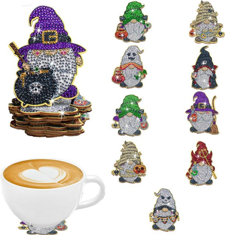 10er Set DIY Diamant-Malerei Kunstset mit Halloween Zwergmuster und unregelmäßigen Untersetzern in Mehrfarbig - Bild 1