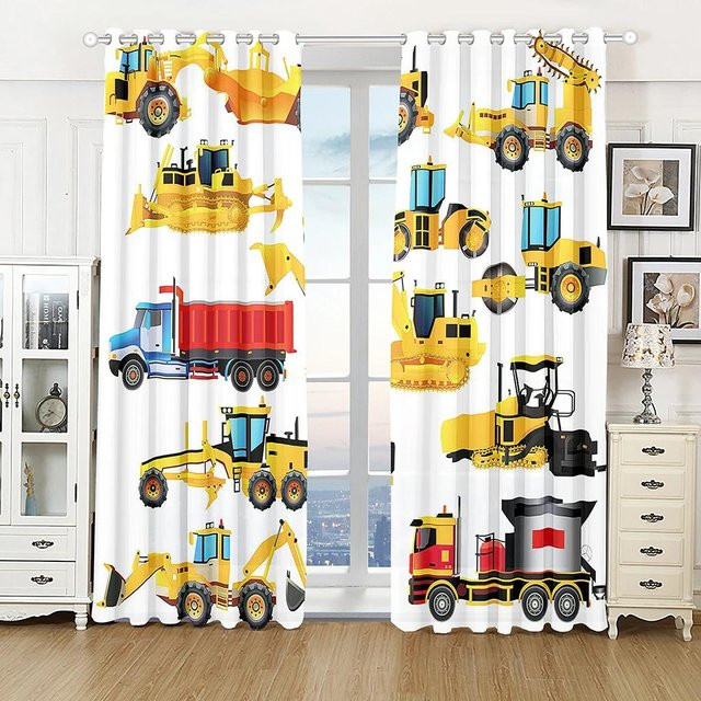 Yiran Furniture 2er-Set Kindergardinen mit 3D-Bauernhof-Motiv Traktor LKW Bagger, halbtransparent, Mehrfarbig, Breite: 60 cm, Höhe: 100 cm - Bild 1