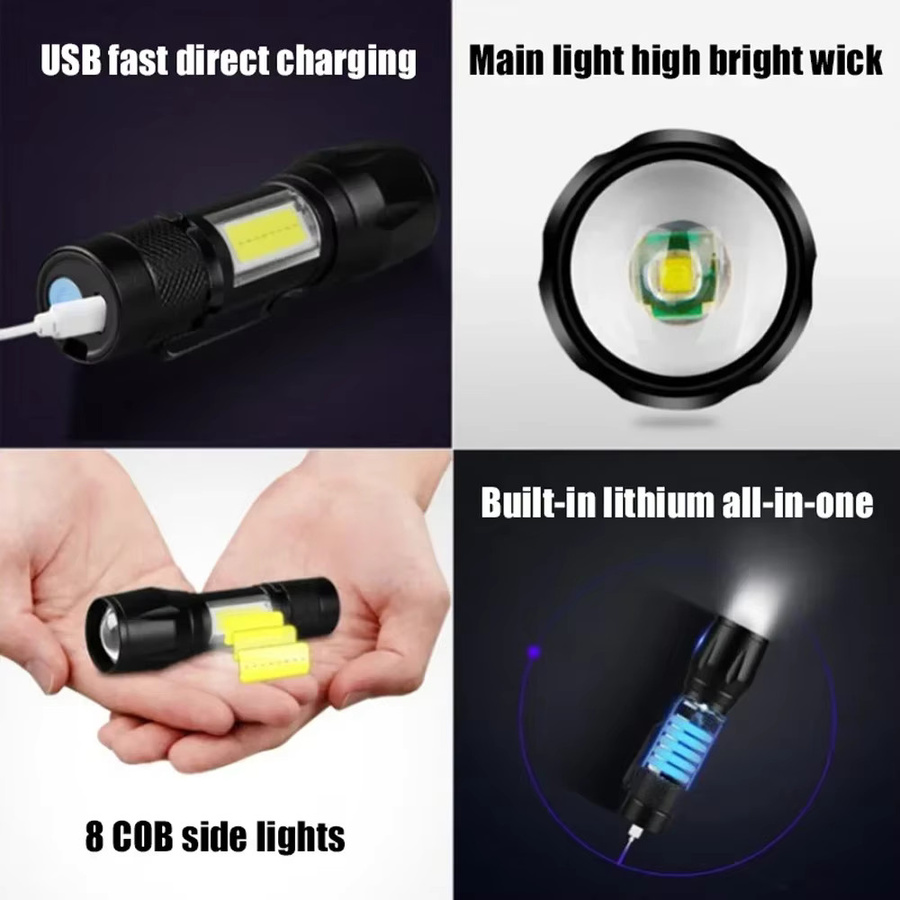 XIWANGFIRE Mini Taschenlampe mit COB und XPE LED, wiederaufladbare taktische Taschenlampe mit Zoom für Camping und Notfälle, Schwarz - Bild 2