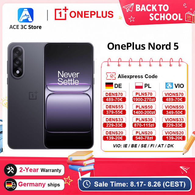 OnePlus Nord 5 5G Smartphone mit Snapdragon 8s Gen 3, Android 15, 6800 mAh Akku und 80 W Schnellladung, wählbare Varianten mit 8 GB + 256 GB oder 12 GB + 512 GB Speicher, Wi-Fi 6 - Bild 1