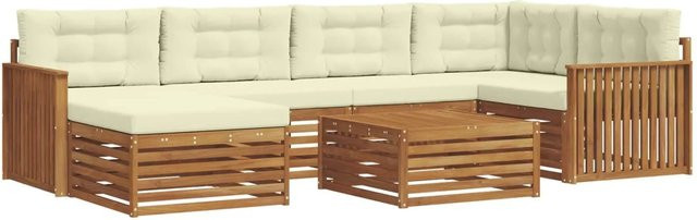 vidaXL Outdoor-Sofagarnitur 7-teilig in L-Form aus Akazienholz mit Kissen in Natur und Creme - Bild 1