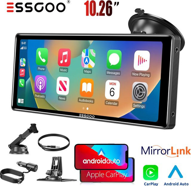 ESSGOO Tragbarer kabelloser Carplay Autoradio IPS-Bildschirm mit 10,26 Zoll, Android Auto, Mirror Link, AUX und FM-Transmitter, Schwarz - Bild 1