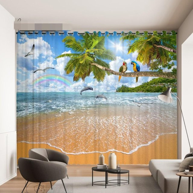 A Family Of Home Textiles 3D Vorhang mit Maldivien Strand und Meerblick, 2 Paneele, halbtransparent, mehrfarbig, Breite: 50 cm, Höhe: 50 cm - Bild 1