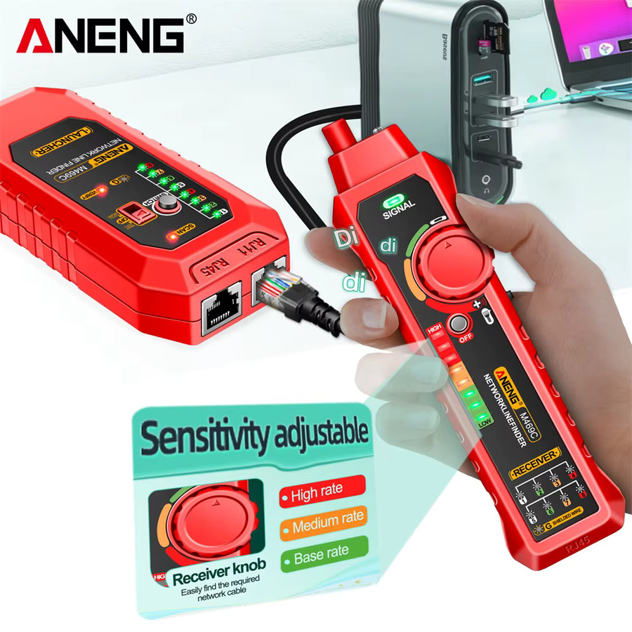 ANENG M469C Smart Netzwerkkabeltester für RJ45 RJ11 LAN und Stromkabel in Rot mit Leitungsverfolgung und DC-Pegelmessung - Bild 3