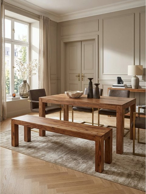 Esszimmerbank MUMBAI von KADIMA DESIGN aus Massivholz im Landhausstil, Braun, B/T/H: 180 x 35 x 45 cm - Bild 1