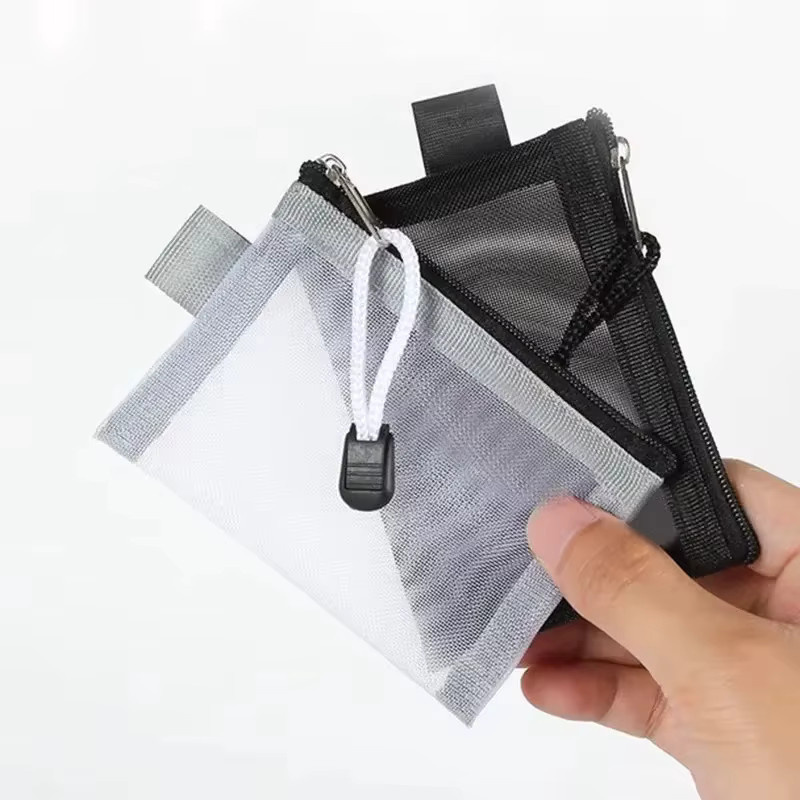 Tragbare Netz-Kartenaufbewahrungstasche aus Nylon in Grau mit Karabiner - Bild 5