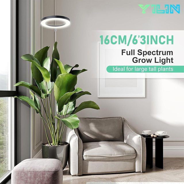 YILIN LED-Pflanzenwachstumslampe Vollspektrum in Schwarz mit höhenverstellbarem Ring und Timer für Zimmerpflanzen, Höhe: 16 cm - Bild 1