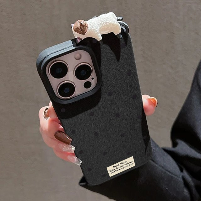 Stoßfeste Leder Handyhülle mit 3D liegender Katze und Polka Dots für Apple iPhone, Schwarz oder Grün - Bild 1