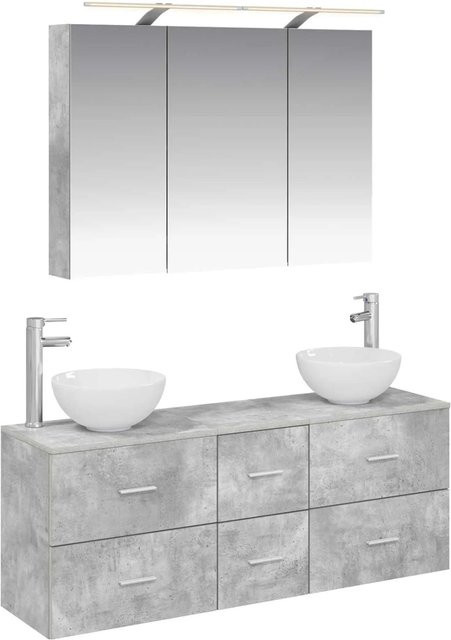 vidaXL Badezimmermöbel-Set 4-teilig in Betongrau mit Spiegelschrank, Wandschrank und LED-Beleuchtung aus Holz und Glas, B/T/H: 100 x 35 x 70 cm - Bild 1