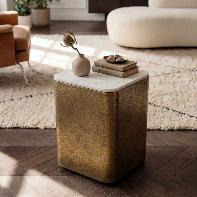 Finebuy Beistelltisch mit Marmorplatte in Weiß und Gold, moderner Couchtisch mit abgerundeten Kanten, Durchmesser: 33 cm - Bild 1