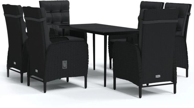 vidaXL 7-teilige Garten-Essgruppe aus PE-Rattan und Glas in Schwarz mit Kissen, B/T/H: 110 x 63 x 74 cm - Bild 1