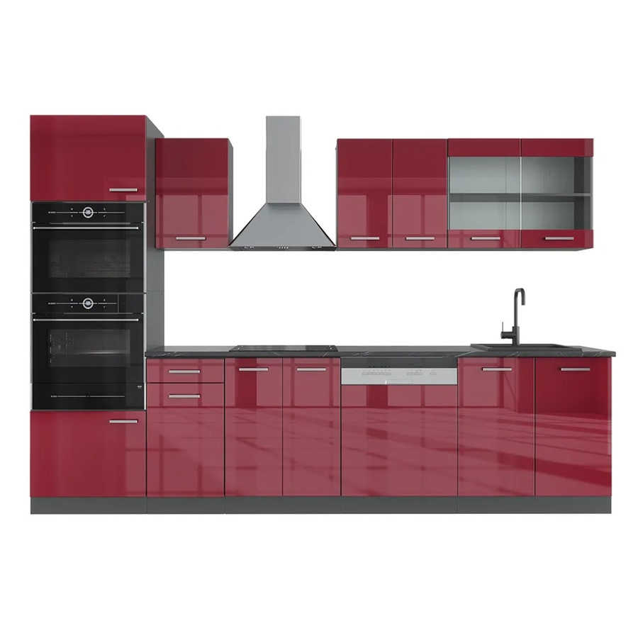 Vicco R-Line Küchenzeile Bordeaux Hochglanz und Anthrazit mit Hochschrank Breite: 300 cm, Höhe: 207 cm, Tiefe: 60 cm - Bild 2