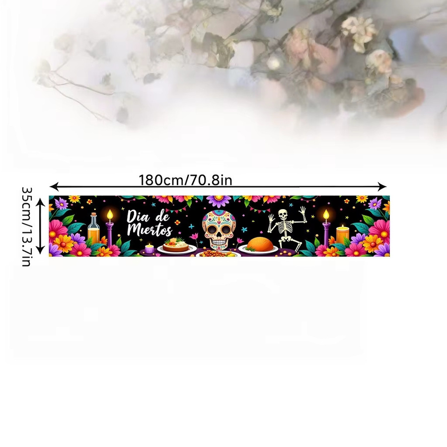 OURFETE Dia De Muertos Tischläufer mit Totenkopf- und Blumendruck in Multicolour, B/H: 180 x 35 cm - Bild 6