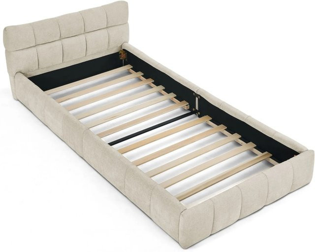okwish Einzelbett für das Kinderzimmer mit Chenille-Bezug in Beige, B/T/H: 90 x 200 x 59 cm - Bild 1
