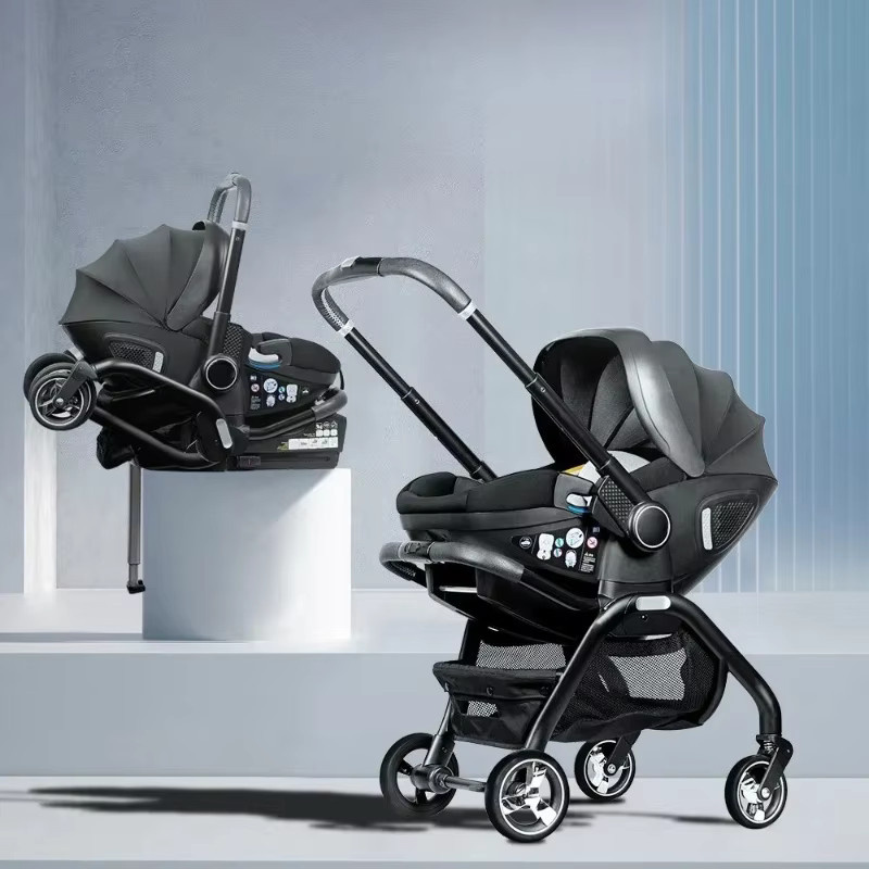 LUVCHAIN Multifunktionaler Neugeborenen-Schlafkorb und tragbarer Vierrad-Kinderwagen in Schwarz und Weiß - Bild 1