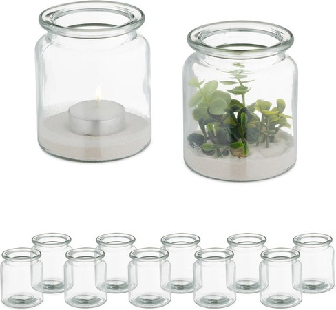 Relaxdays Windlicht aus Glas in Transparent, 12er Set, schlichtes Design für Teelichter, Höhe: 9,5 cm, Durchmesser: 8 cm