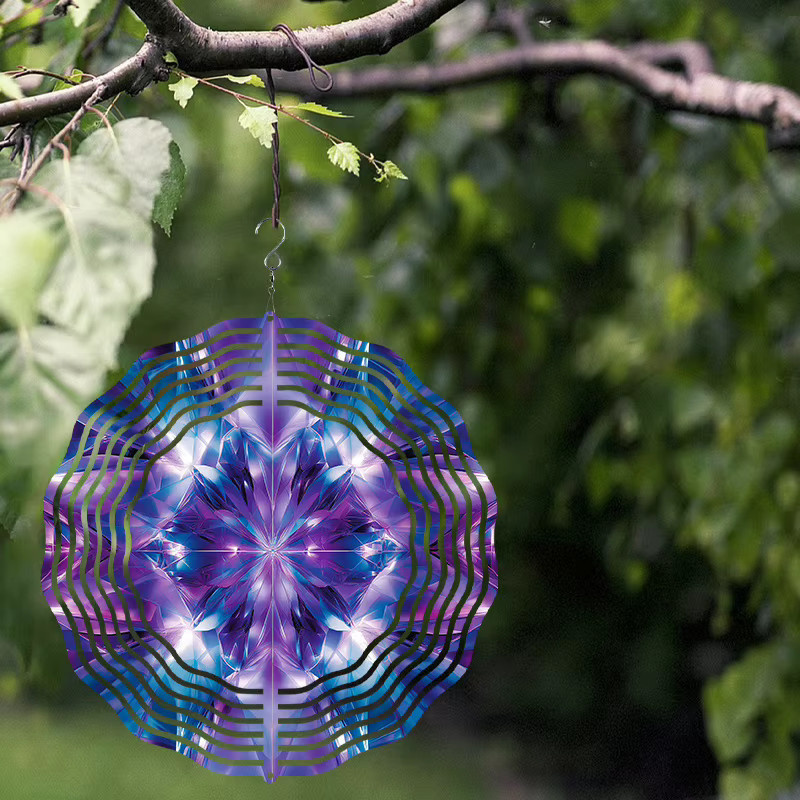 CIFBUY 3D Mandala Windspiel aus Metall als geometrische Gartenskulptur in Multicolour mit 360 Grad drehbarem Aufhänger für die Außendekoration - Bild 3
